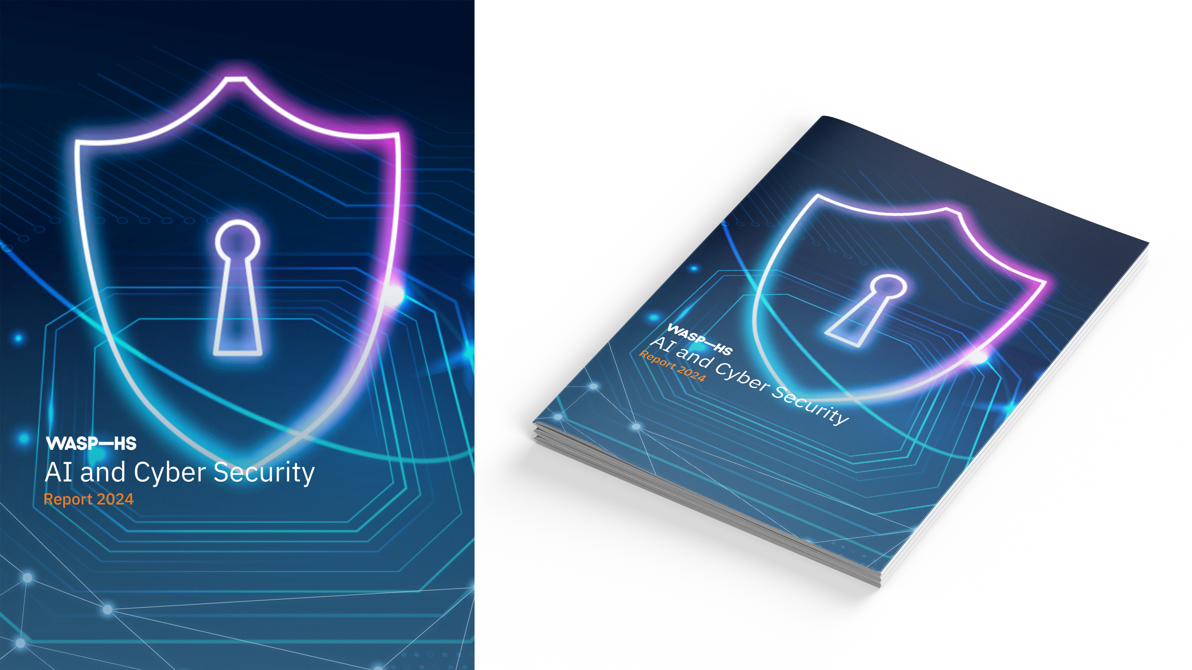 Dark blue brochure with a slight blue and purple shield and a lock. Test says: WASP-HS AI and Cyber Security Report 2024