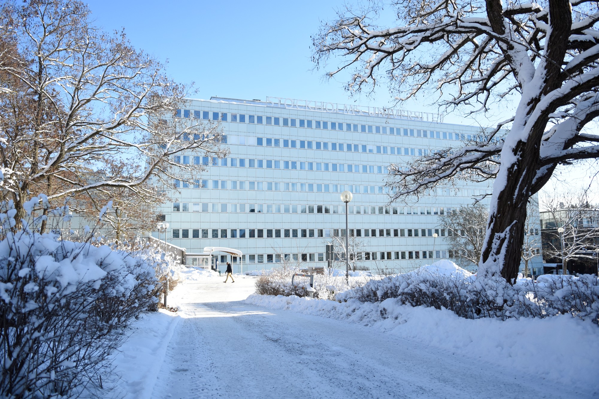 White modern building in a snowy landscape.