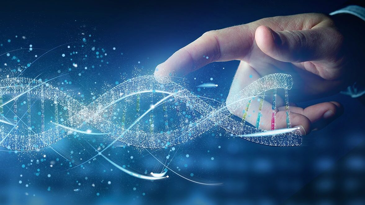 Image of a hand holding a DNA branch 3D rendering