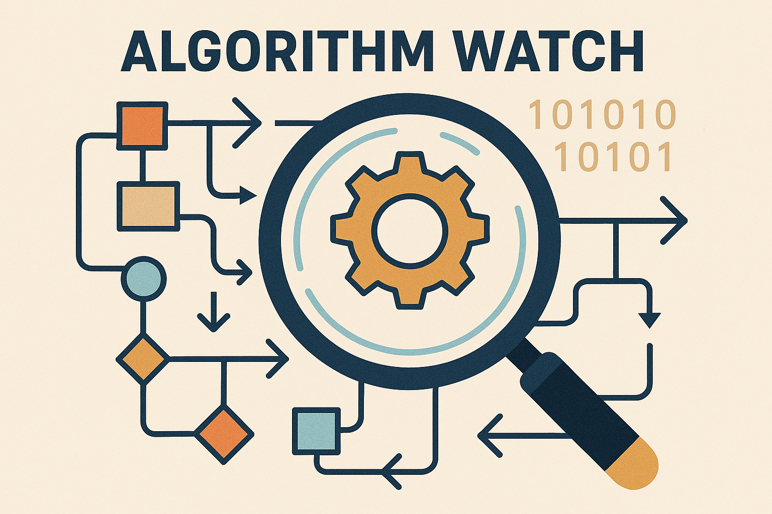 magnifying glass focusing on a gear (representing algorithms), surrounded by flowchart elements and binary code, conveying the idea of monitoring and analyzing algorithmic processes.